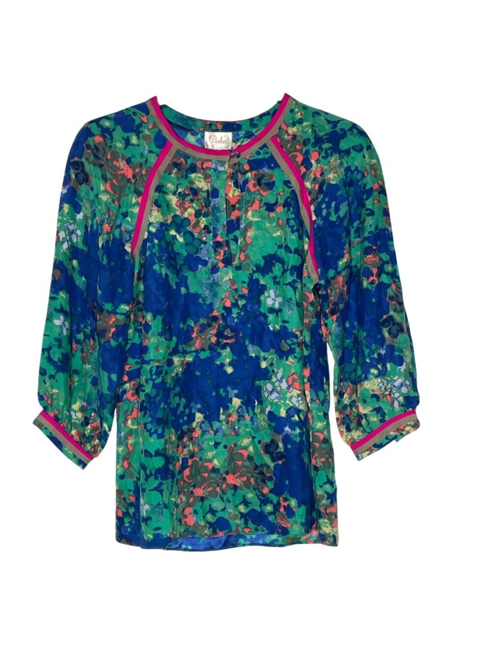 Parker Silk Floral Abstract Watercolor Blouse Sz SM Colorful Lightweight Keyhole